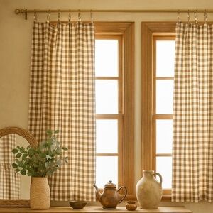 Vintage brown and white gingham plaid Sears curtains set of two 87”x 63”